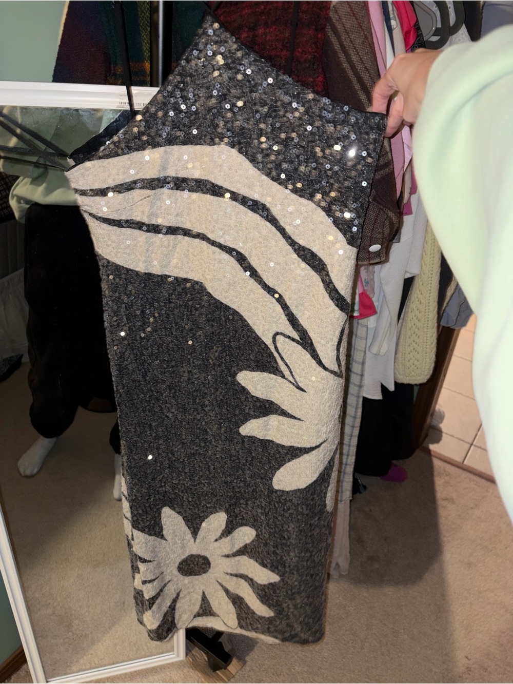 Black Sequin Floral Slip Dress with Cream Daisy Motif. Farm Rio - Picture 3 of 5
